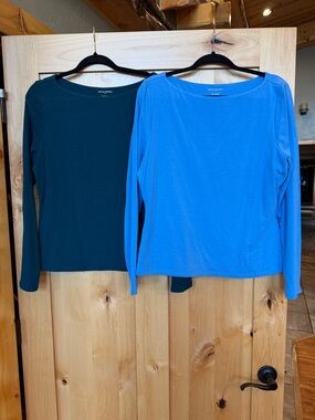 SET OF TWO Banana Republic Factory Soft Stretch Boatneck Top, L, Blue & Teal